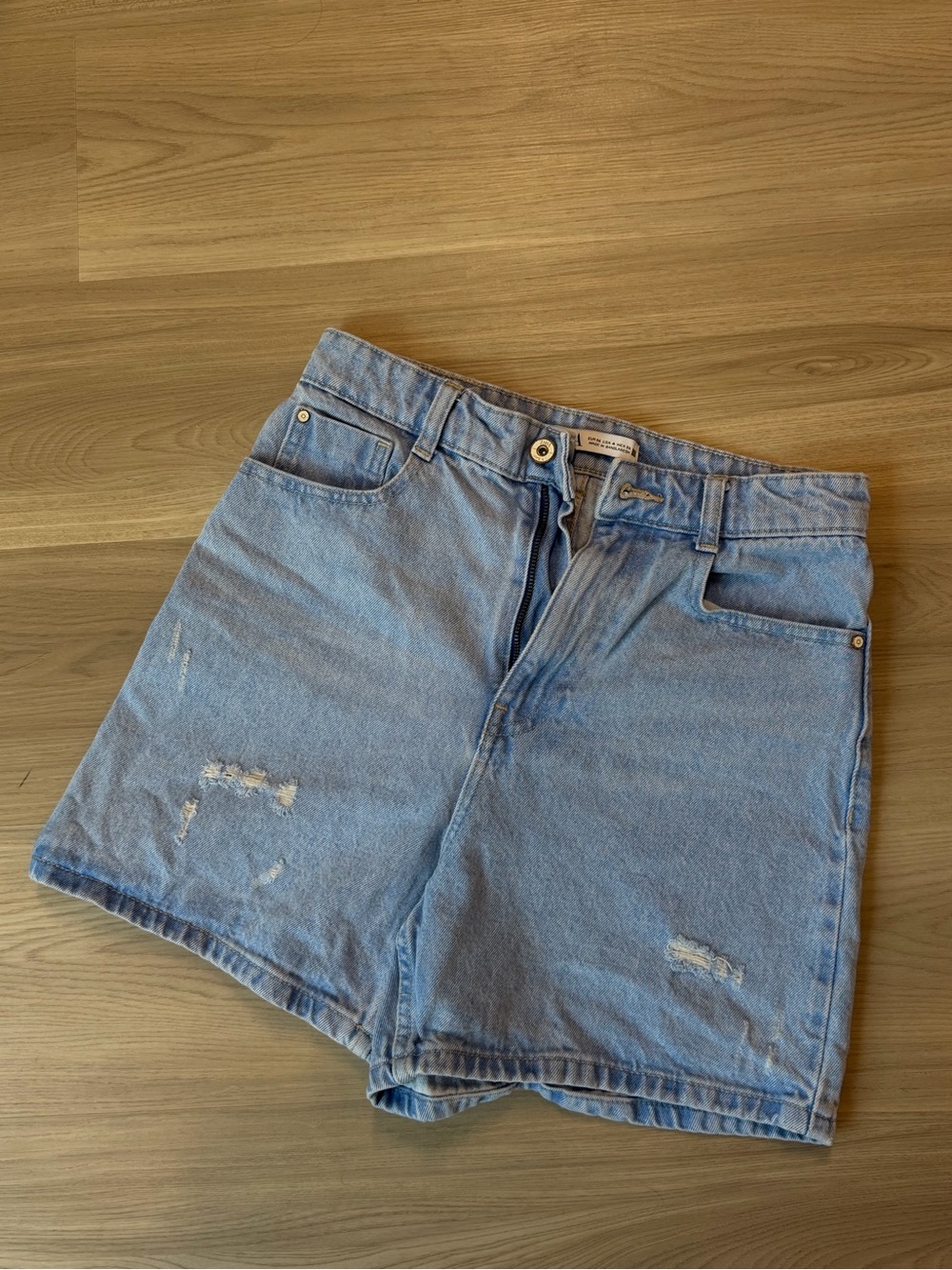 Zara Light Blue High-Waist Distressed Denim Shorts